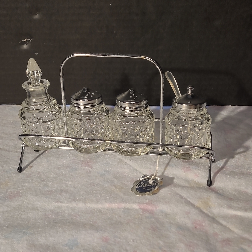 Vintage, 4-Piece Glass Condiment Set In a Metal Holder